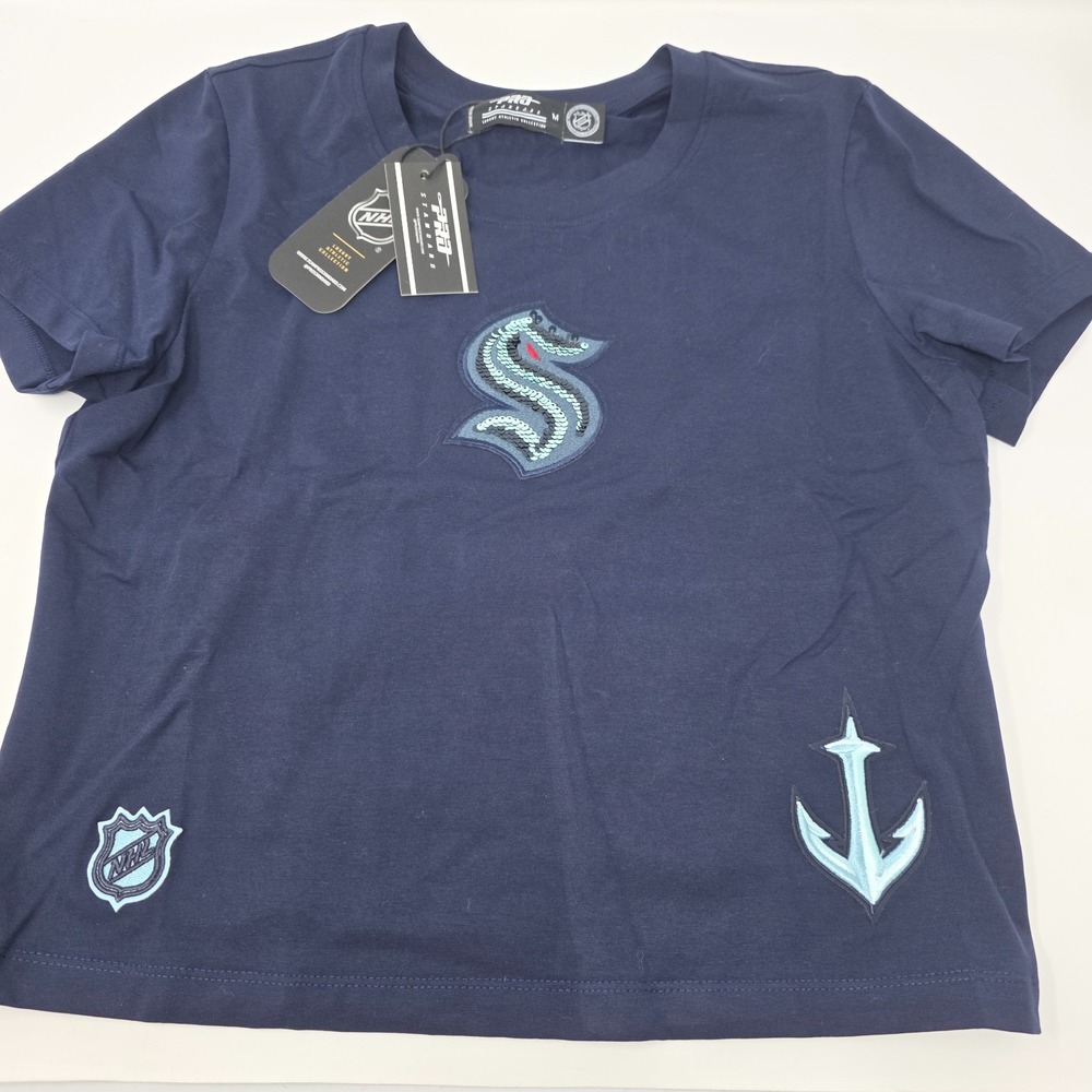 Pro Standard T-Shirt Womens M Navy Blue Sequin Logo Seattle Kraken NHL Team NWT
